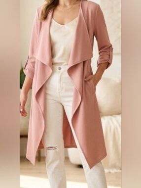 Revamped Open Front Topper Cardigan Draped Flowy Trench Light Pink Medium Fall